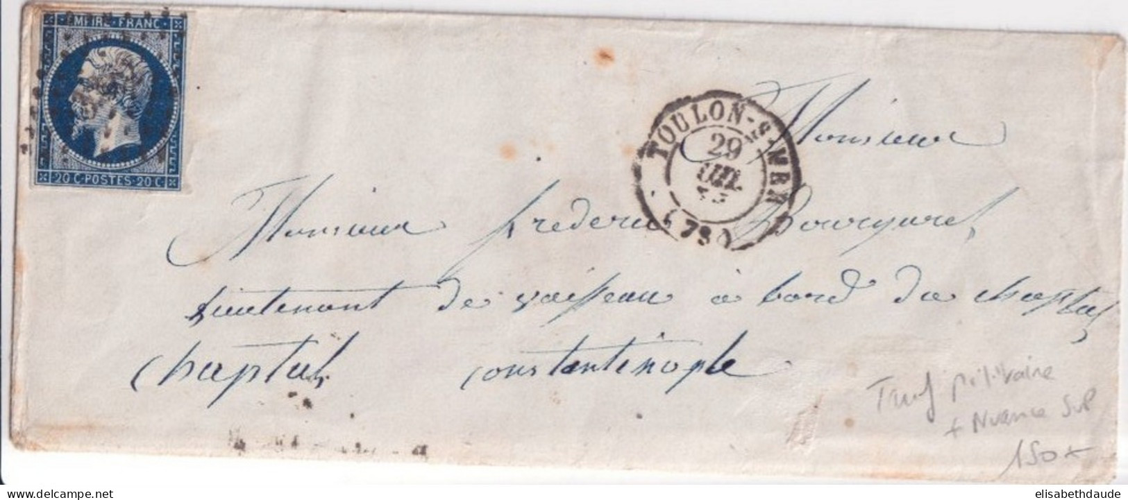 1856 - RARE TARIF SPECIAL MILITAIRE ! - EMPIRE 20c Sur LETTRE SC De TOULON => NAVIRE GUERRE à CONSTANTINOPLE (TURQUIE) - 1853-1860 Napoleon III