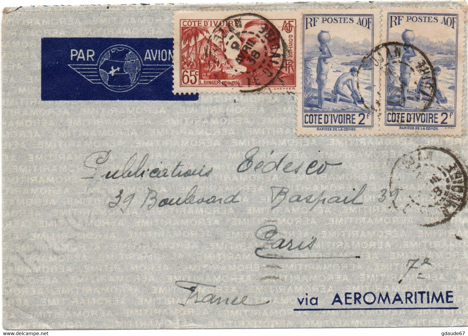 1938 - ENVELOPPE PAR AVION D'ABIDJAN (COTE D'IVOIRE) - Lettres & Documents