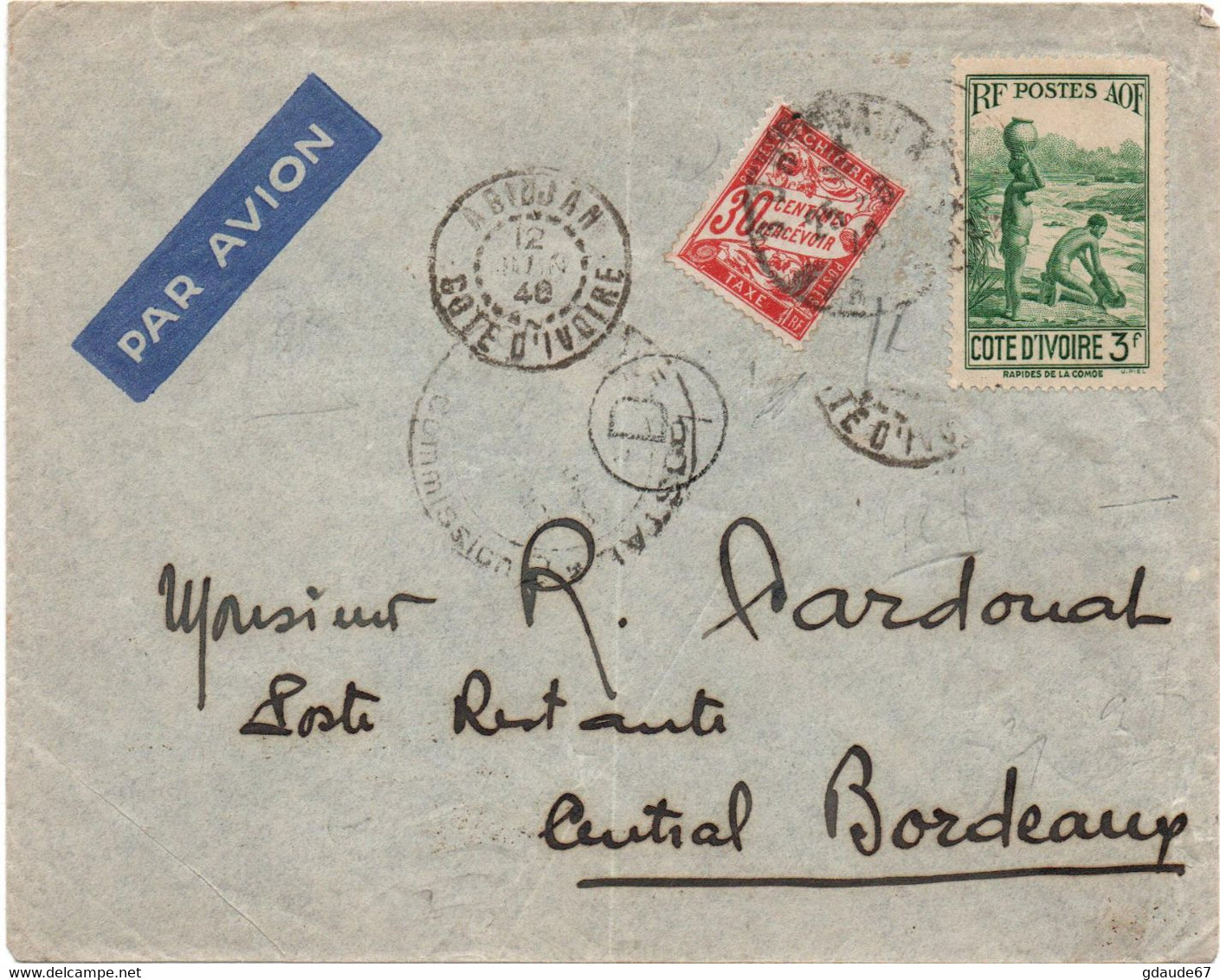 1940 - ENVELOPPE PAR AVION D'ABIDJAN (COTE D'IVOIRE) Pour BORDEAUX Avec TAXE 30 CTS - CACHET CONTROLE POSTAL - Briefe U. Dokumente