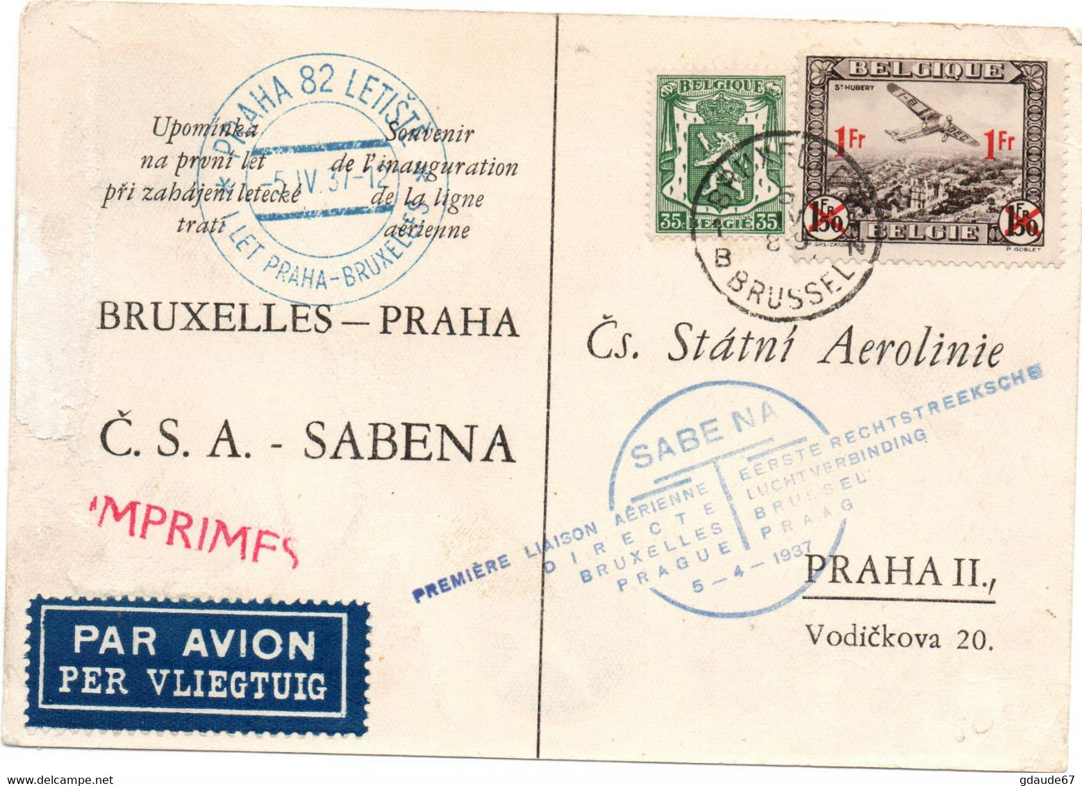 1937 - CARTE POSTALE SABENA BRUXELLES PRAHA -> PREMIERE LIAISON AERIENNE DIRECTE PRAGUE 5-4-1937 - POSTE AERIENNE AVION - Storia Postale