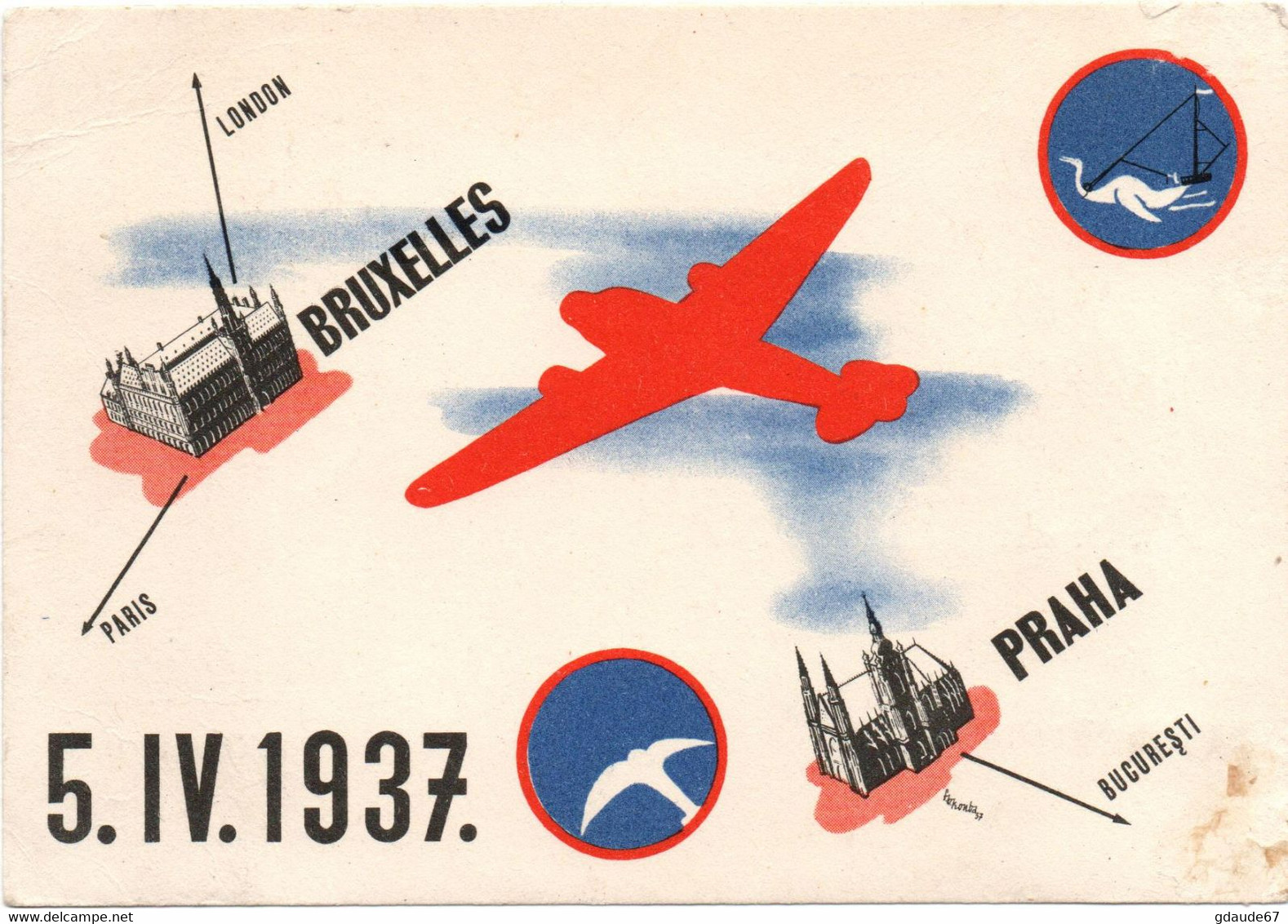 1937 - CARTE POSTALE SABENA BRUXELLES PRAHA -> PREMIERE LIAISON AERIENNE DIRECTE PRAGUE 5-4-1937 - POSTE AERIENNE AVION - Lettres & Documents