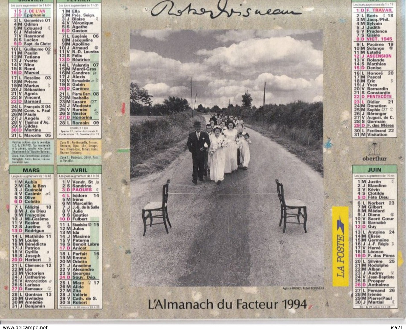 Almanach Du Facteur, Calendrier De La Poste,1994, SOMME, Les Mariés De Robert Doisneau, Nb Photos à L'intérieur - Grand Format : 1991-00