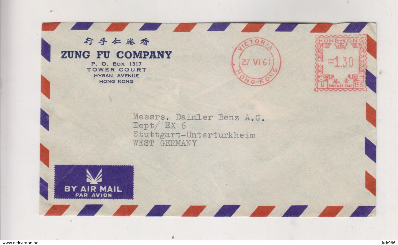 HONG KONG 1961  Airmail Cover To Germany Meter Stamp - Lettres & Documents