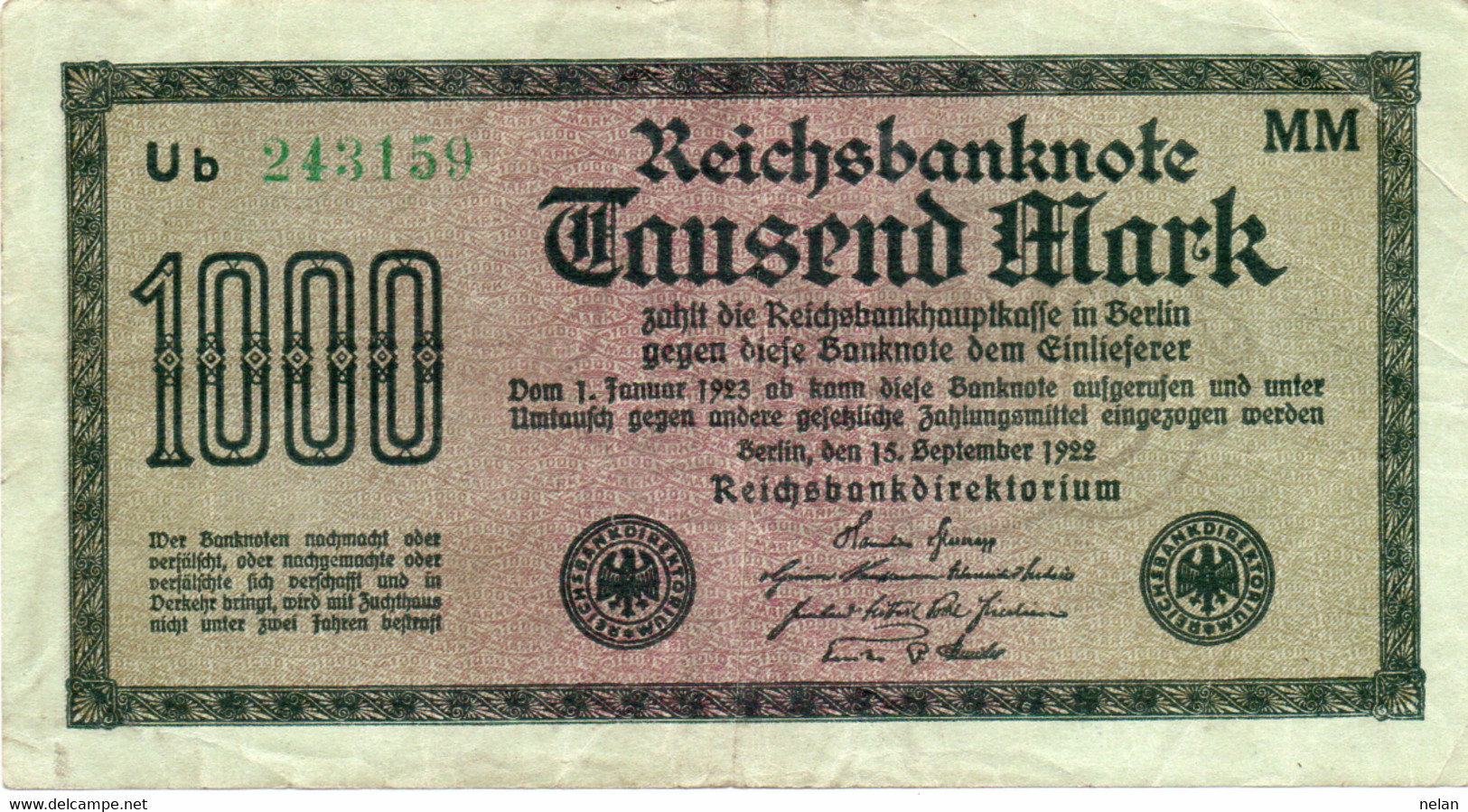 GERMANIA -1000 MARK 1922 -   World Paper Money P-76h  MM - XF - 1000 Mark