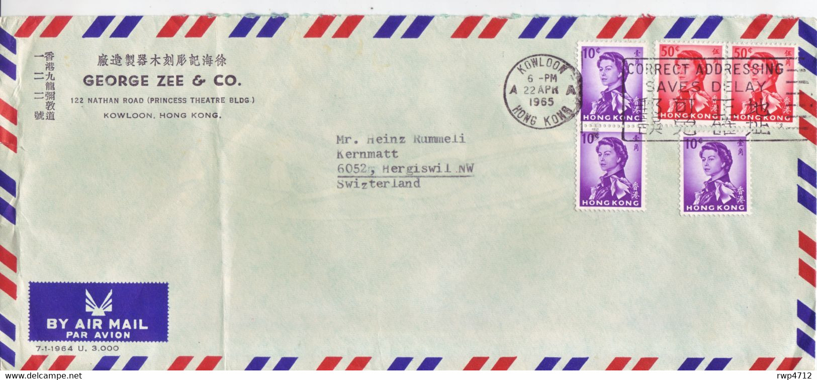 HONG KONG  Luftpostbrief  Airmail Cover  Lettre 1965 To Switzerland - Lettres & Documents