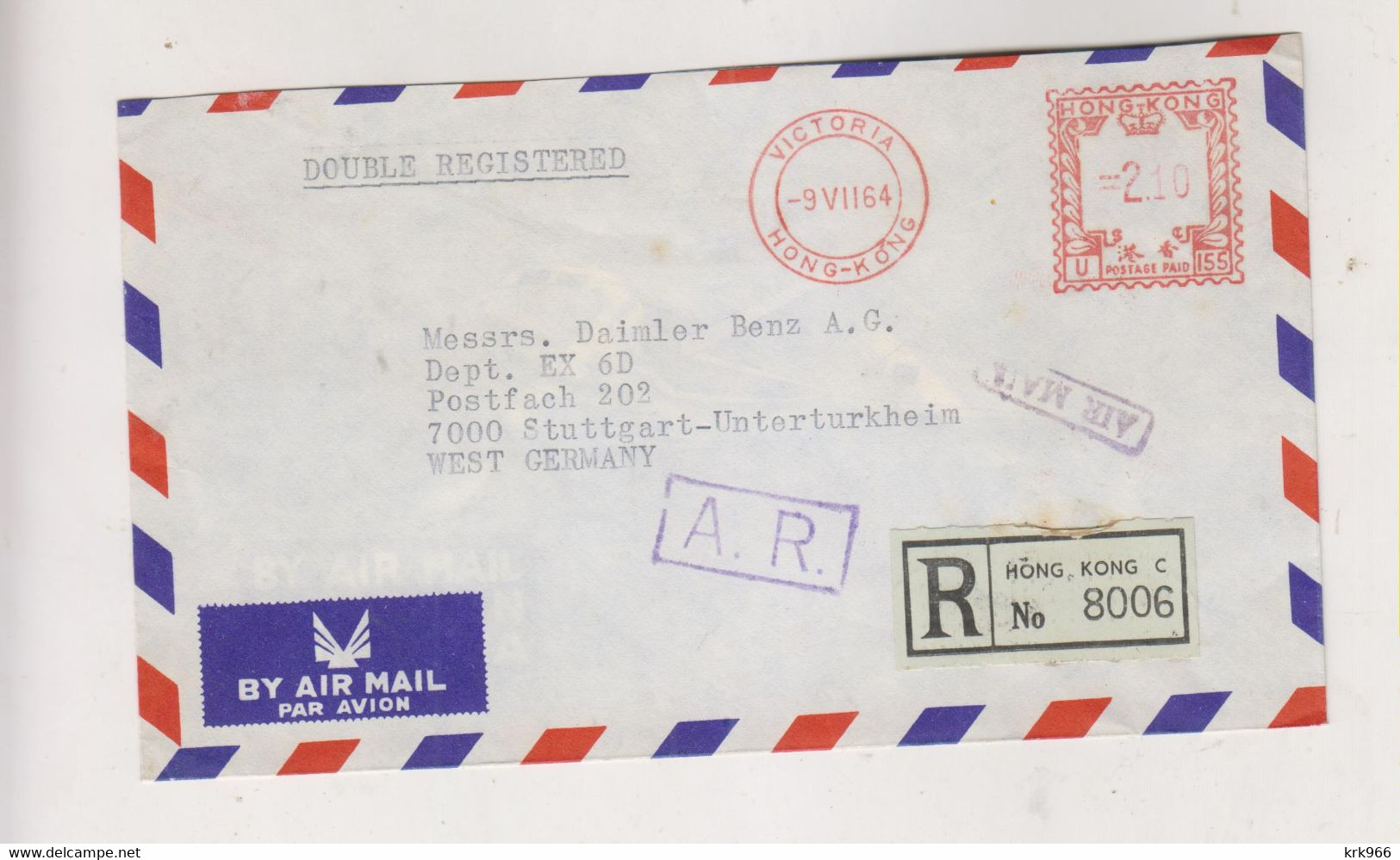 HONG KONG 1964 Registered Airmail Cover To Germany Meter Stamp - Brieven En Documenten