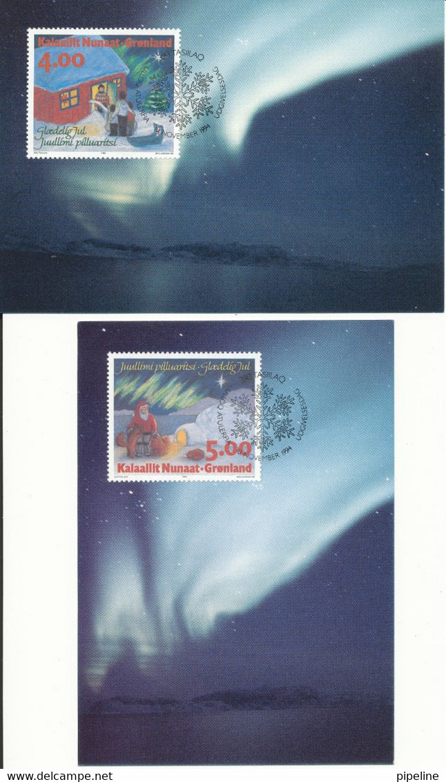 Greenland FDC 10-11-1994 Complete On 2 Maximum Cards Christmas Stamps On NORTHERN LIGHT Cards - Maximumkaarten