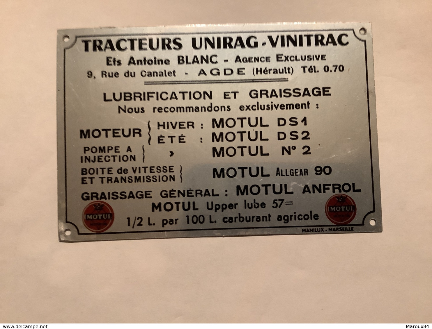 Plaque Métal 12/8 Tracteurs Unirag_vinitrac   Graissage Motul  Ets Blanc AGDE - Trattori