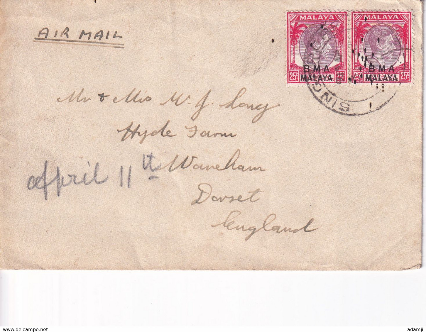 MALAYSIA 1950s GEORGE VI B.M.A. COVER SINGAPORE TO LONDON - Malaya (British Military Administration)