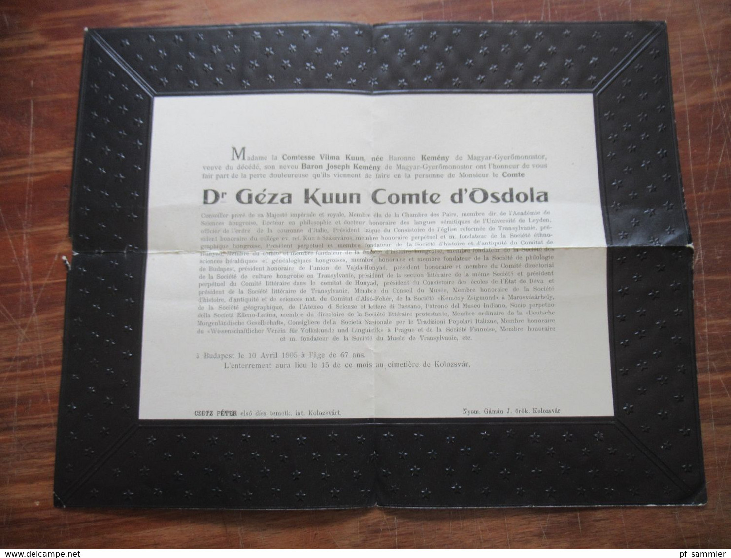 Ungarn 1905 Traueranzeige Dr. Geza Kuun Comte D'Osdola Auslandsbrief Stempel Kolozsvar Nach Nicolasee Bei Berlin - Lettres & Documents