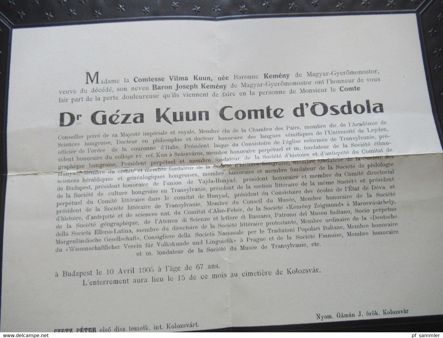 Ungarn 1905 Traueranzeige Dr. Geza Kuun comte d'Osdola Auslandsbrief Stempel Kolozsvar nach Nicolasee bei Berlin