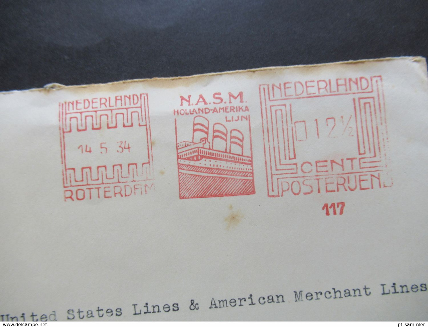 Niederlande 1934 Freistempel Mit Bild Vom Dampfer N.A.S.M. Umschlag Holland Amerika Lijn Rotterdam Nach Hamburg - Cartas & Documentos