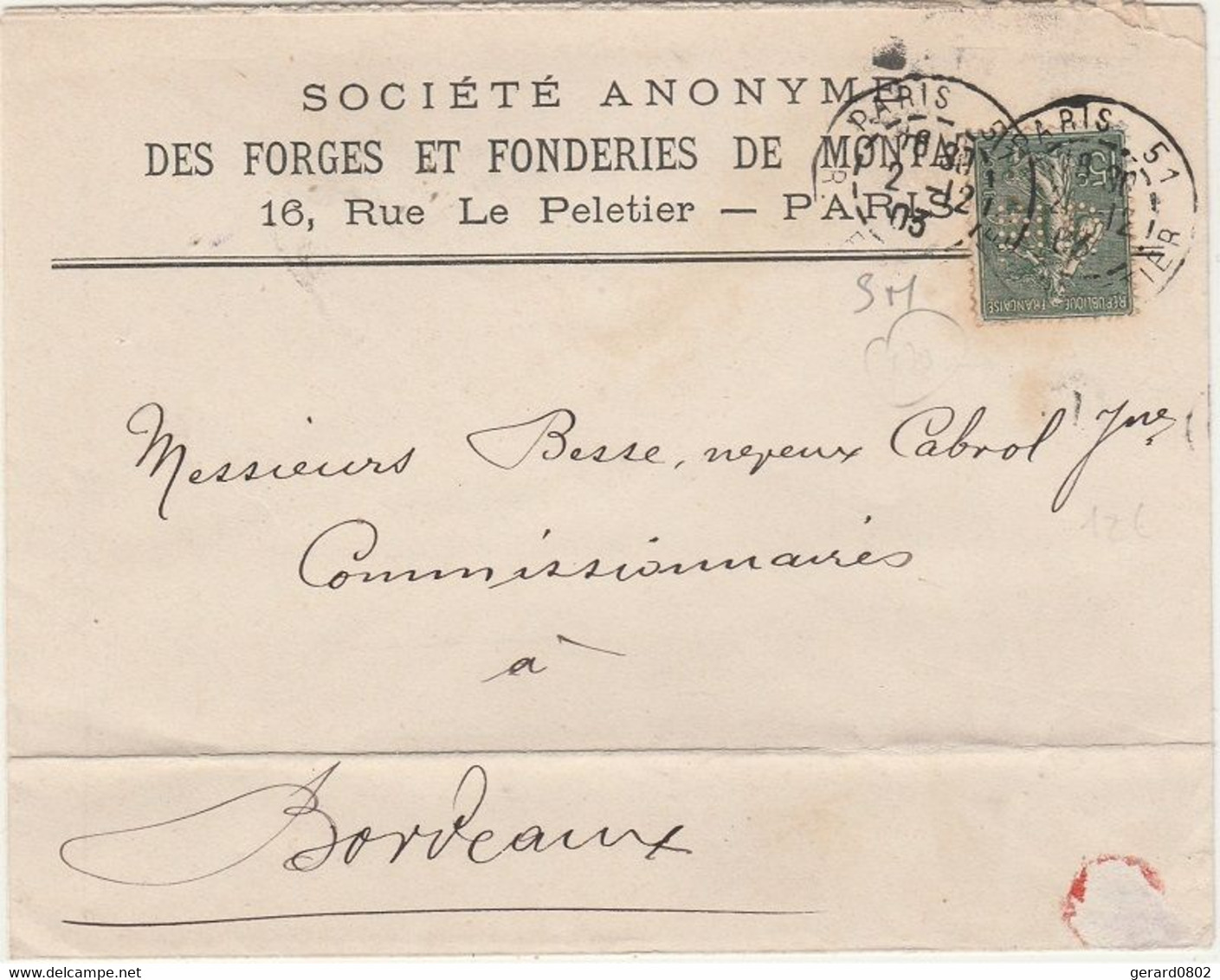 Perforé - Perfin - Semeuse Lignée Perforé SM Sur Lettre De Paris Pour Bordeaux - Covers & Documents