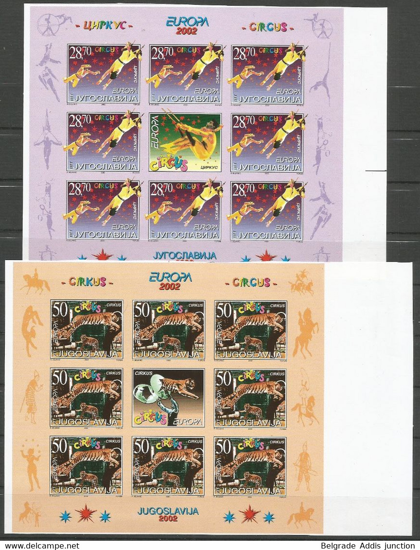 Yugoslavia ERROR Mi.3076/77 In Full Sheetlets Of 9 IMPERFORATED PROOFS On Issued Paper ** / MNH 2002 Europa Circus - Imperforates, Proofs & Errors