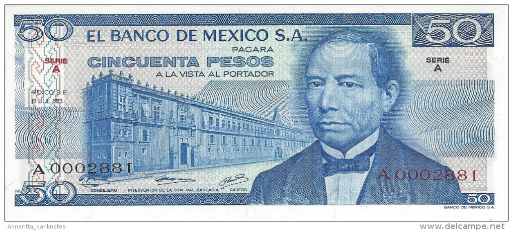 Mexico 50 Pesos 1973, SERIE A LOW SERIAL A0002881 UNC, P-65a, MX065aLS - Mexico