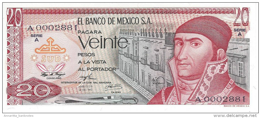 Mexico 20 Pesos 1972, SERIE A LOW SERIAL A0002881 UNC, P-64a, MX064a - Mexico