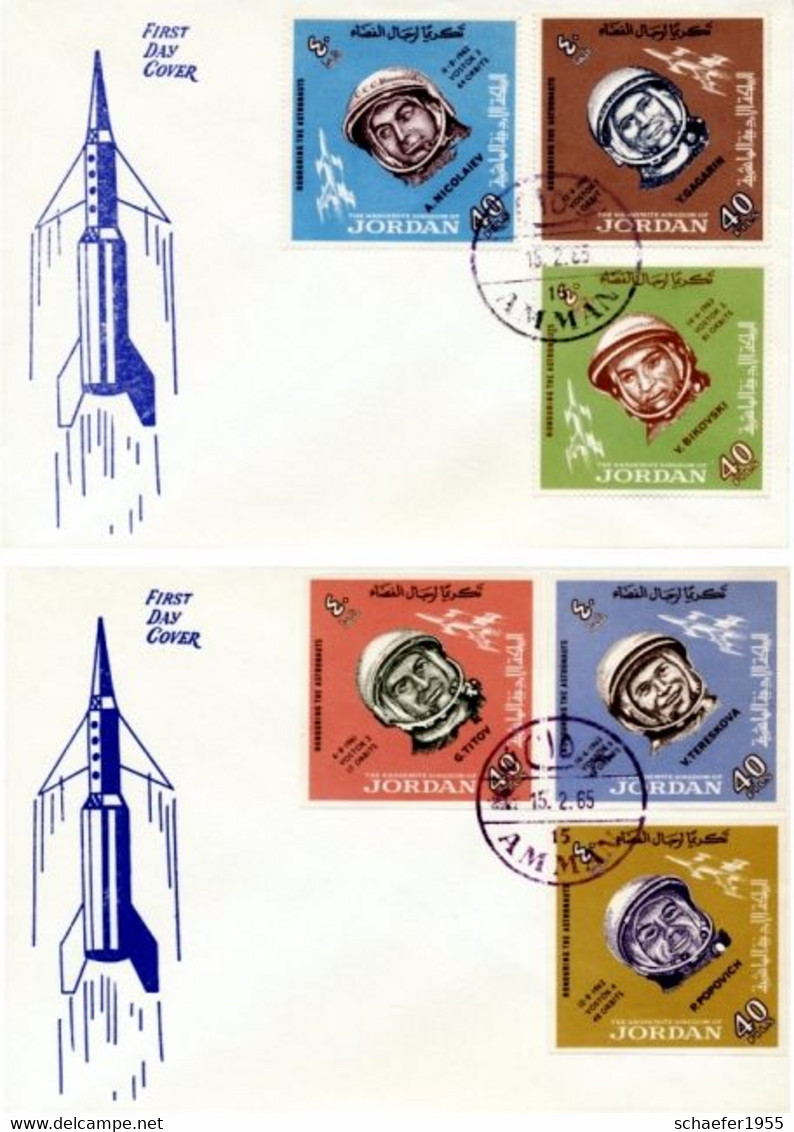 Jordanien, Jordan 1965 Russian Cosmonauts / Space 2x FDC + Stamps, Perf - Asia