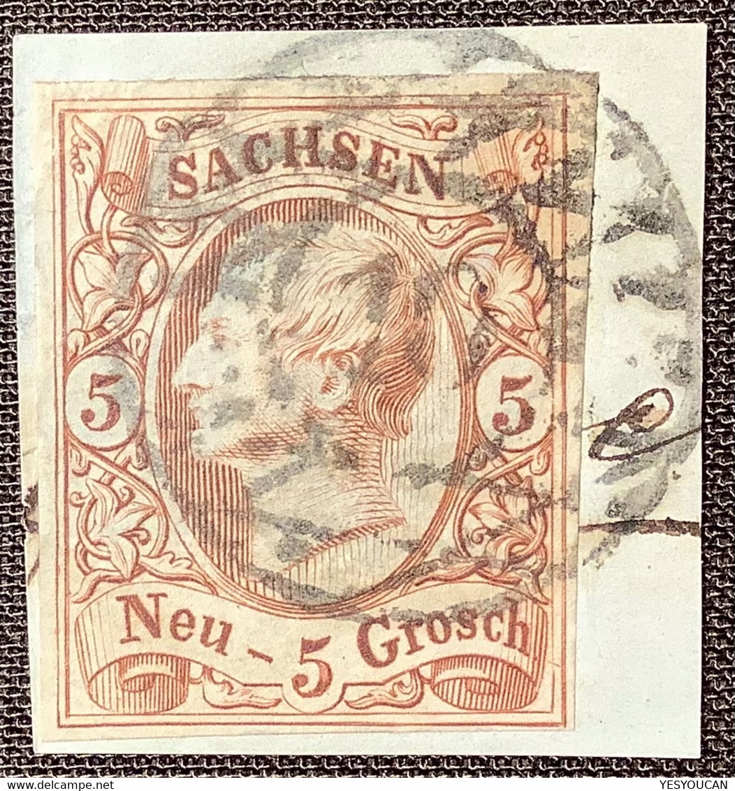 Sachsen Mi. 12e BESSERE ROSTBRAUN FARBE, 1856 König Johann I 5 Ngr „10“ ANNABERG Briefstück, KB Arnold Vaatz BPP - Saxony