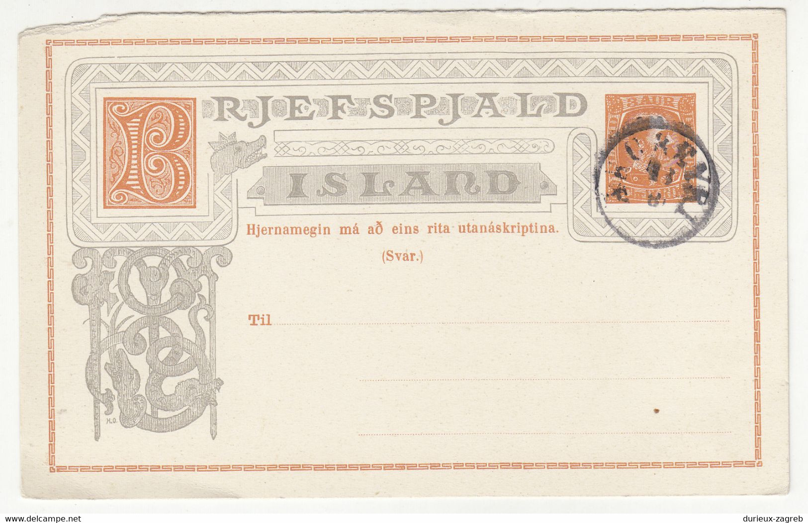 Iceland Old 3 Aur Postal Stationery Postcard (ca. 1902) Postmarked Not Posted B220901 - Enteros Postales
