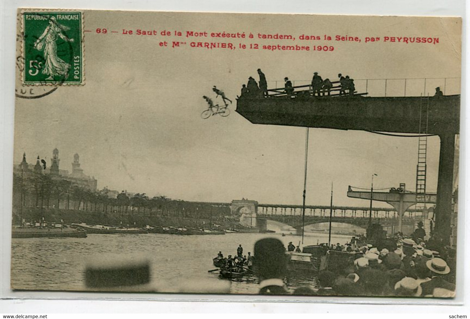 75 PARIS 12 Septembre 1909 Saut De La Mort  Cyclistes En Tandem PEYRUSSON Et GARNIER Dans  Seine Depuis Grue    D05 2022 - Sonstige & Ohne Zuordnung