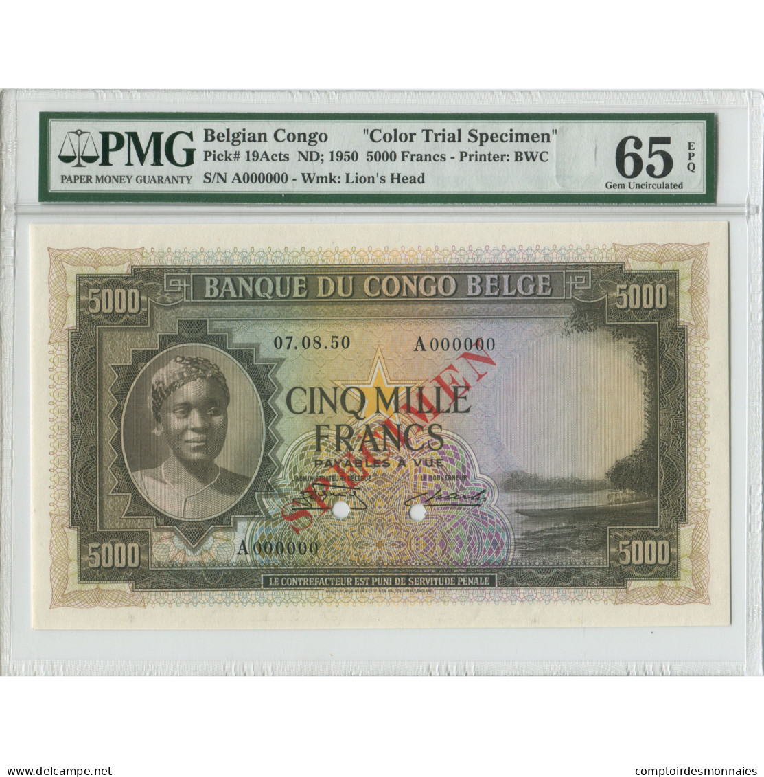 Billet, Congo Belge, 5000 Francs, 1950, 1950-08-07, Specimen Trial Color - Banque Du Congo Belge