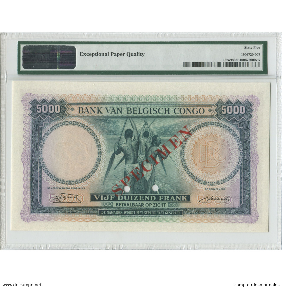 Billet, Congo Belge, 5000 Francs, 1950, 1950-08-07, Specimen Trial Color - Bank Belg. Kongo