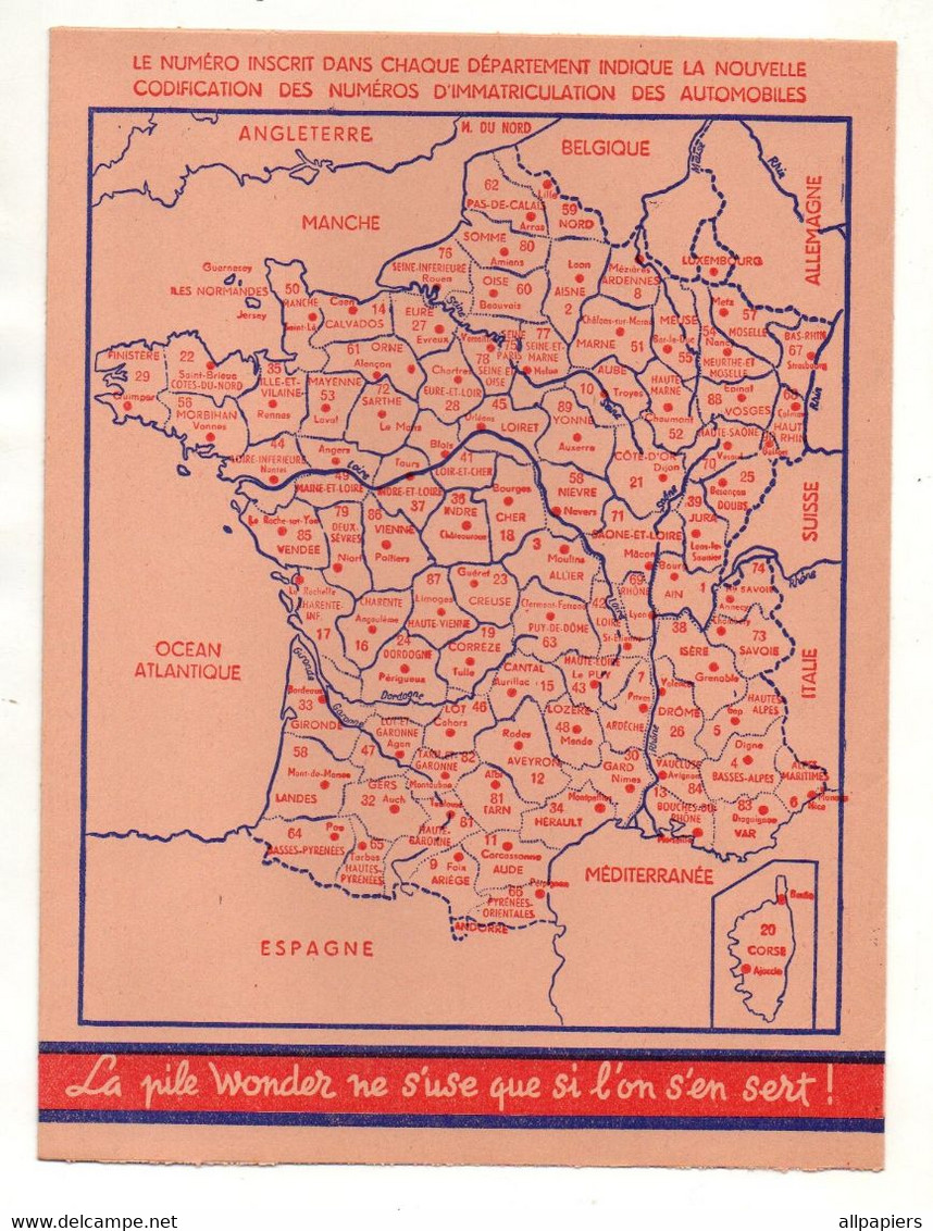 Protège-cahiers Pile Wonder Type "audax" "batri" Carte De France Numéro De Département Automobile - Accumulators