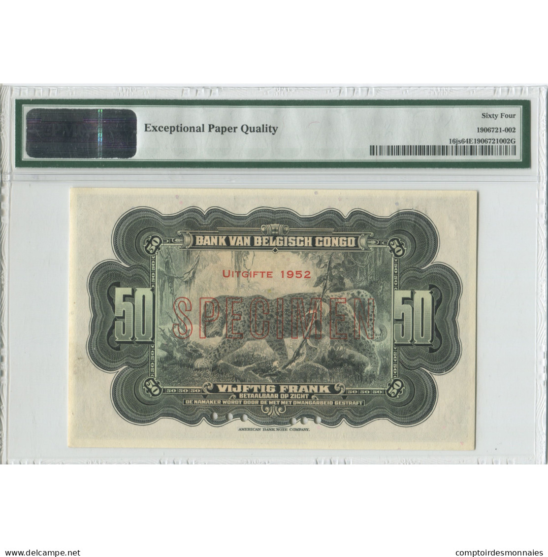 Billet, Congo Belge, 50 Francs, 1952, 1952, Specimen - Emission 1952, KM:16s - Banca Del Congo Belga