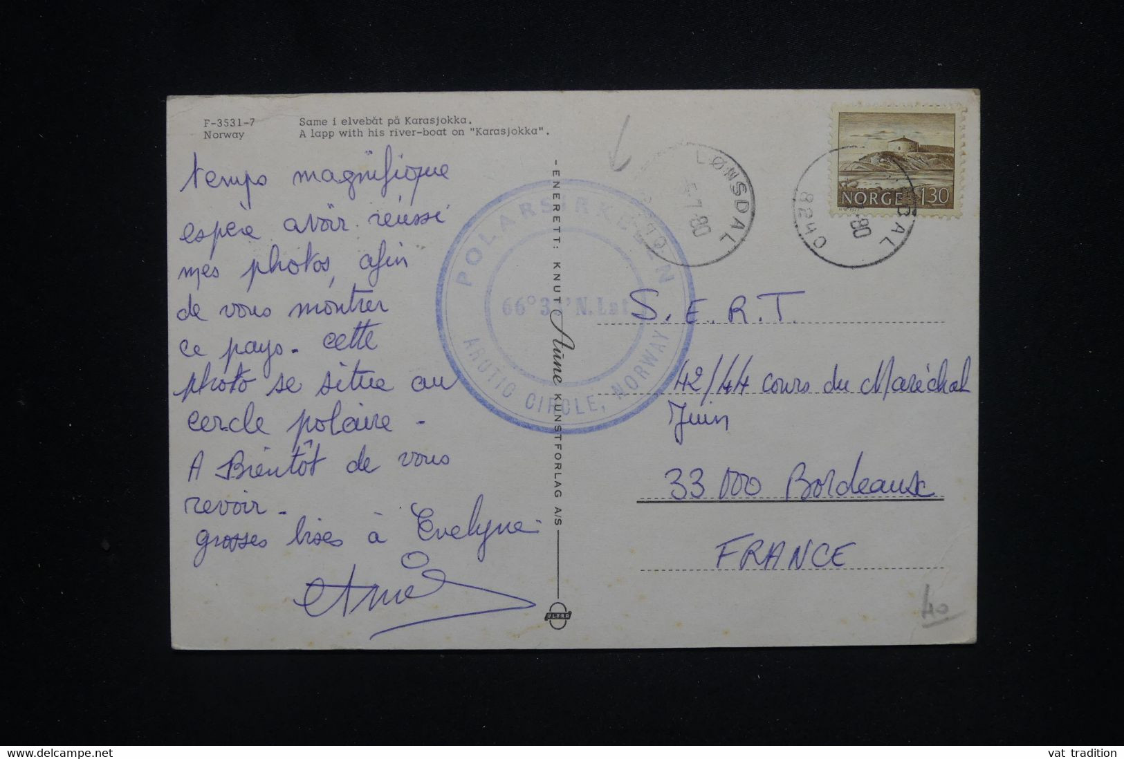 NORVÈGE - Cachet Cercle Polaire Sur Carte Postale De Lonsdal En 1980 Pour La France - L 130625 - Covers & Documents