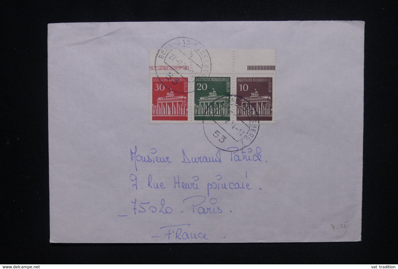 ALLEMAGNE - Affranchissement 3 Valeurs Se Tenant Issus De Carnet Sur Enveloppe En 1974 Pour Paris - L 130627 - Lettres & Documents