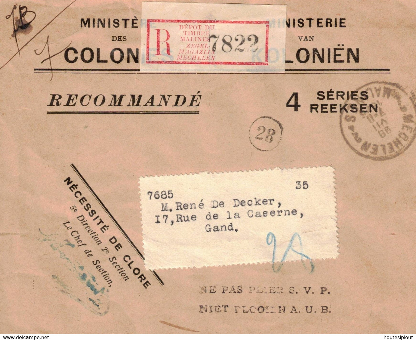 Belgique. L. Rec. Franchise Dépôt Du Timbre Malines  Mechelen 2 > Gent  29/7/26  Afwezig - Covers & Documents