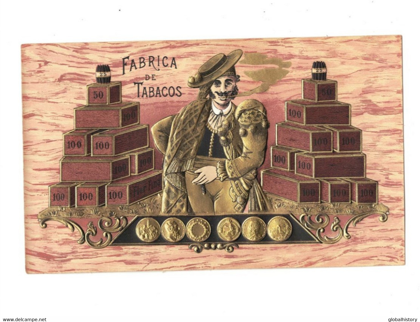 XB1003 CIGAR BOX LABEL, ETIQUETTE A CIGARE, KIST ETIKET , FABRICA DE TABACOS GOLD EMBOSSED SMOKING MAN WITH COINS - Etiquetas