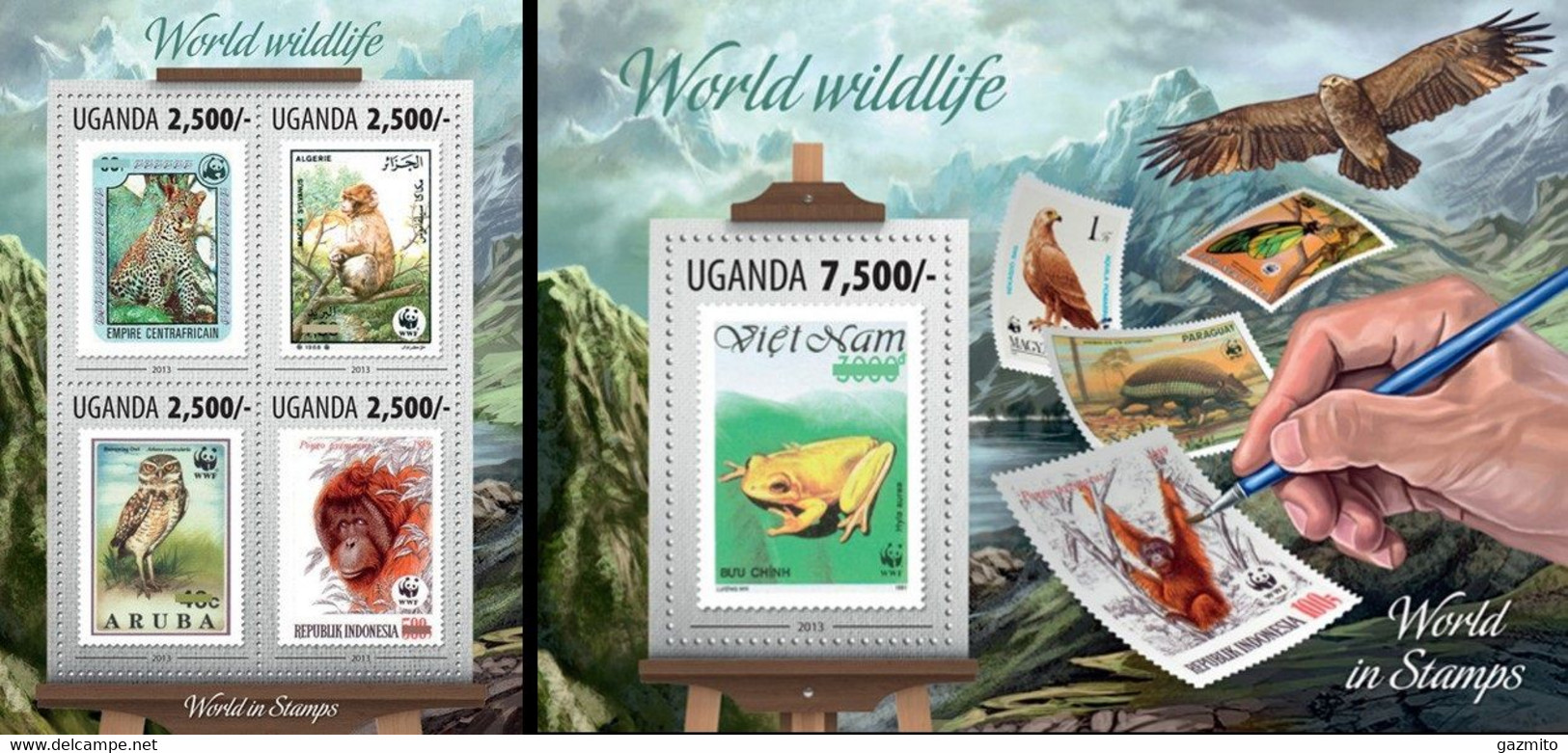 Uganda 2013, Stamp On Stamp, WWF, Oran Gutan, Eagle, 4val In BF +BF - Chimpanzees