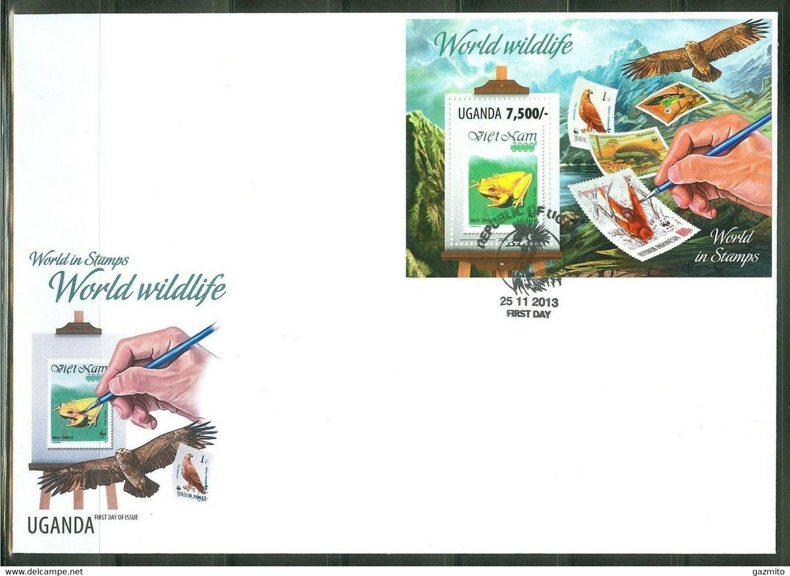 Uganda 2013, Stamp On Stamp, WWF, Frog, Huran Gutan, Eagle, BF In FDC - Chimpanzés