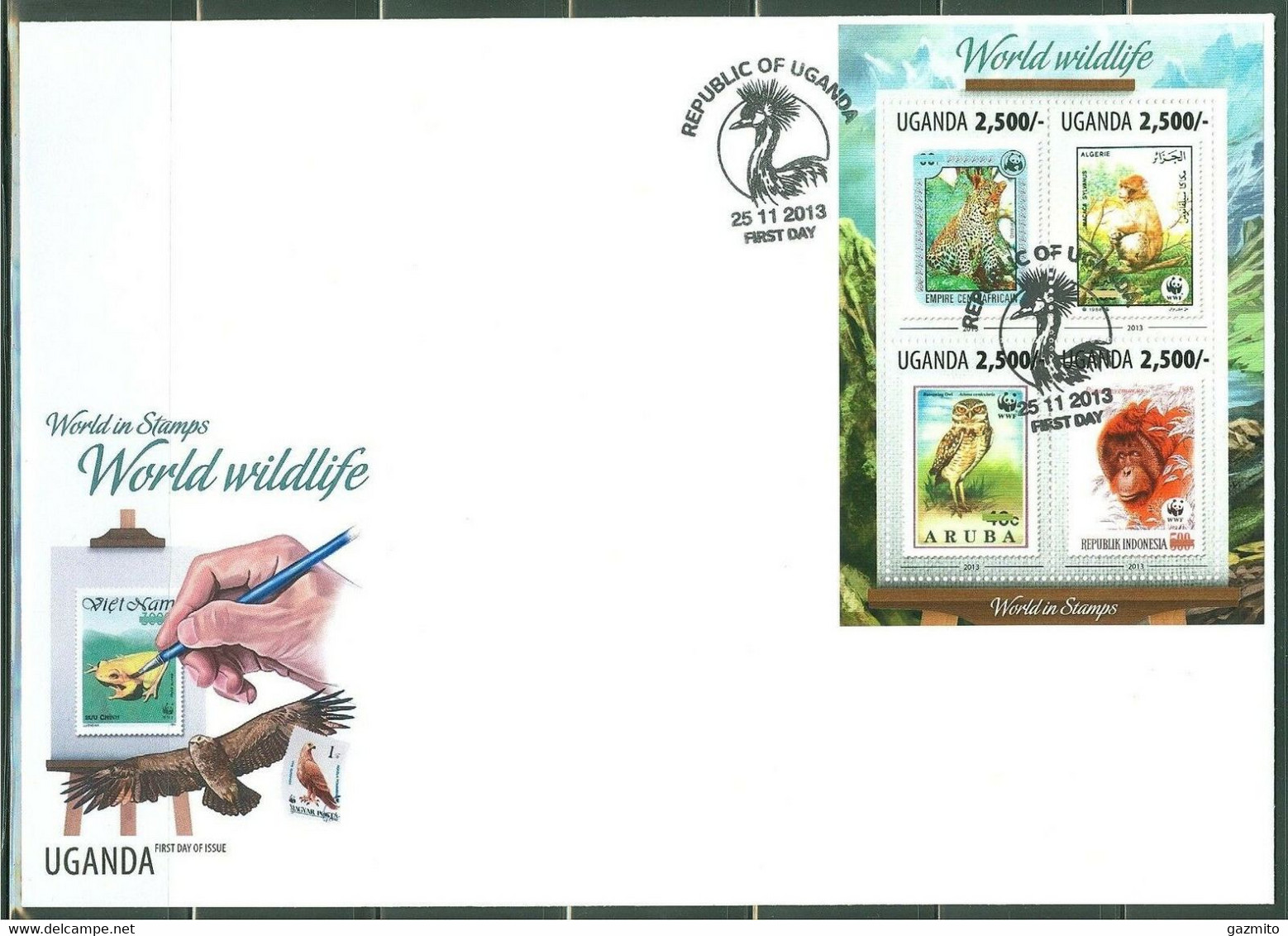 Uganda 2013, Stamp On Stamp, WWF, Leopard, Monkey, Owl, 4val In BF FDC - Chimpanzés