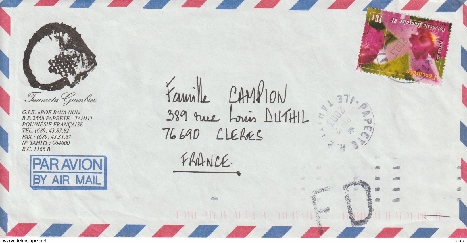 Lettre Polynésie 2003 Pour La France Avec Griffe FD - Storia Postale