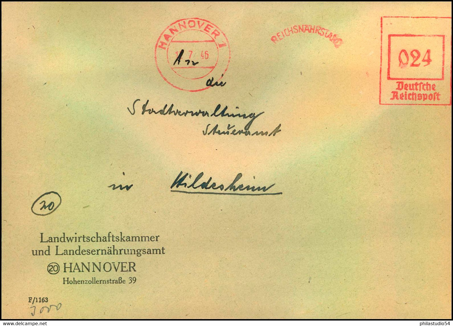 1946: Aptierter Absenderfreistempel Auf Brief Der Landwirtschaftskammer Hannover Noch Mit Der Alten Bezeichnung Der NS-O - Otros & Sin Clasificación
