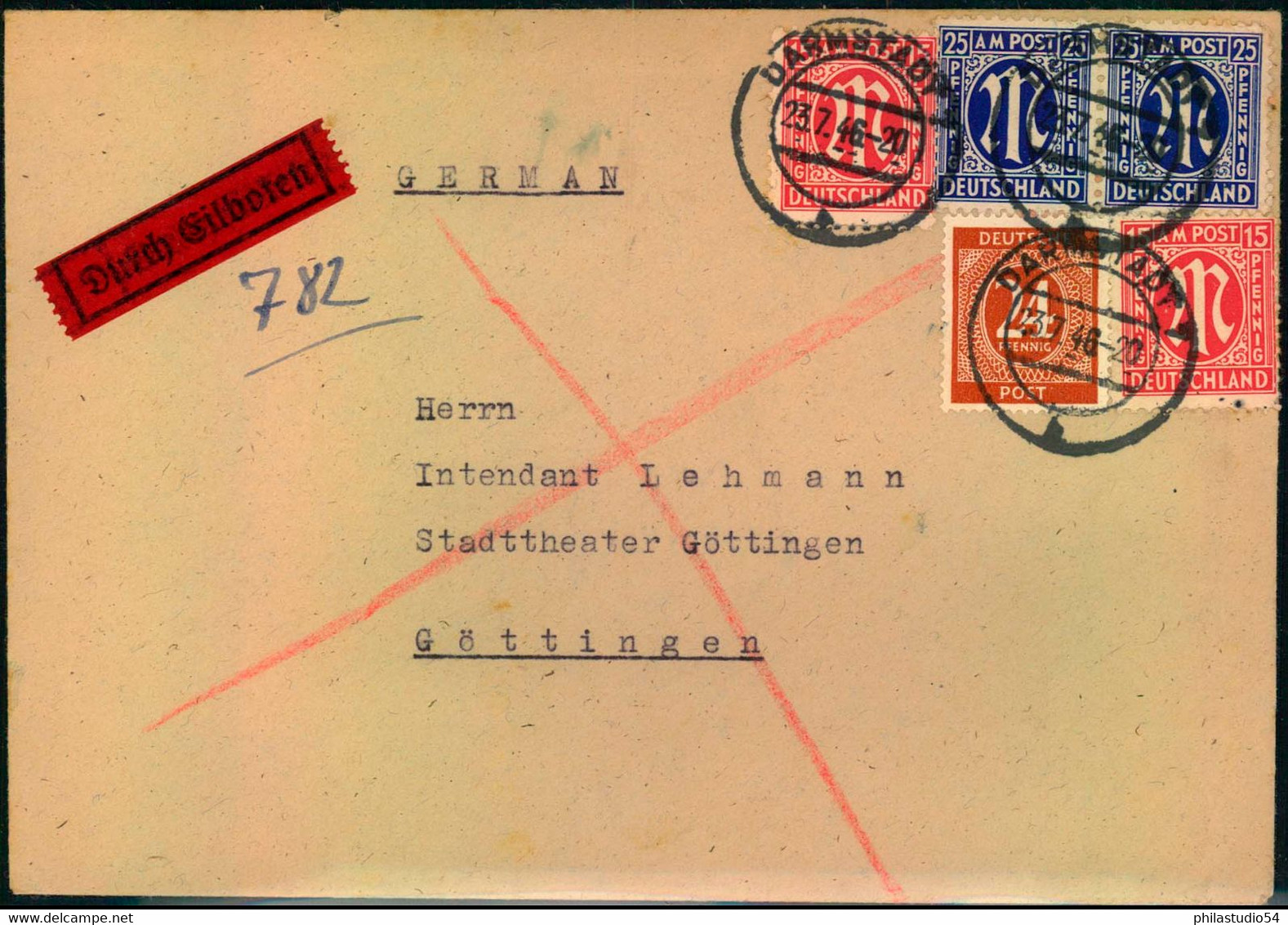 1946, Eilbrief Aus DARMSTADT, Mischfrankatur AM-Post/Ziffer - Autres & Non Classés