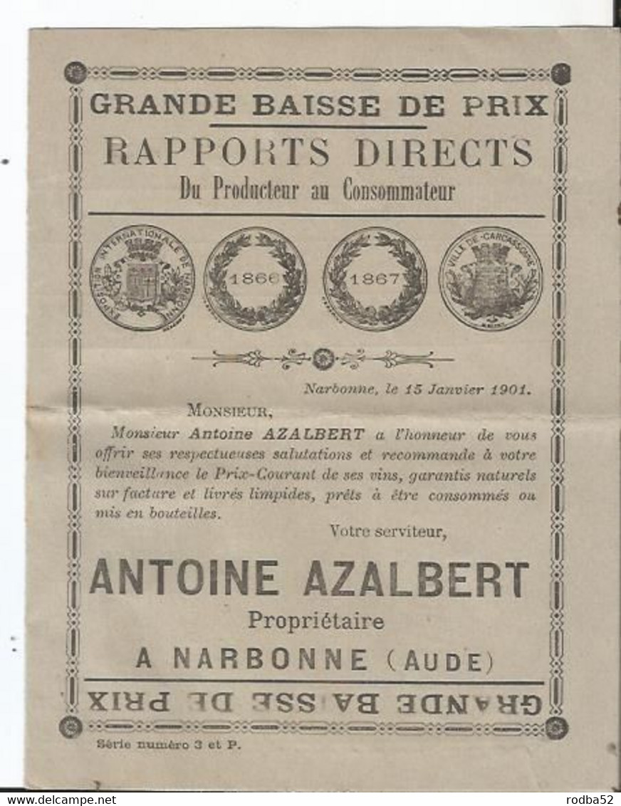 Publicité Ancienne -Antoine Azalbert Propriétaire à Narbonne  Vin - Tarifs - Pubblicitari