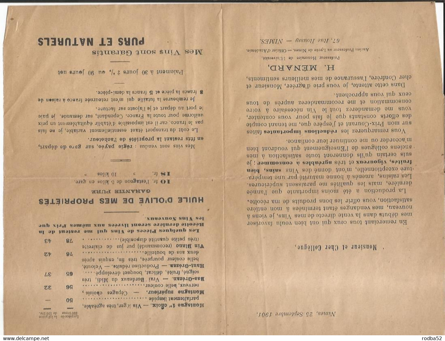 Publicité Ancienne -H Ménard  Vin  -  Viticulteur à Nimes - Tarifs Vin , Huile D'olives - Publicités