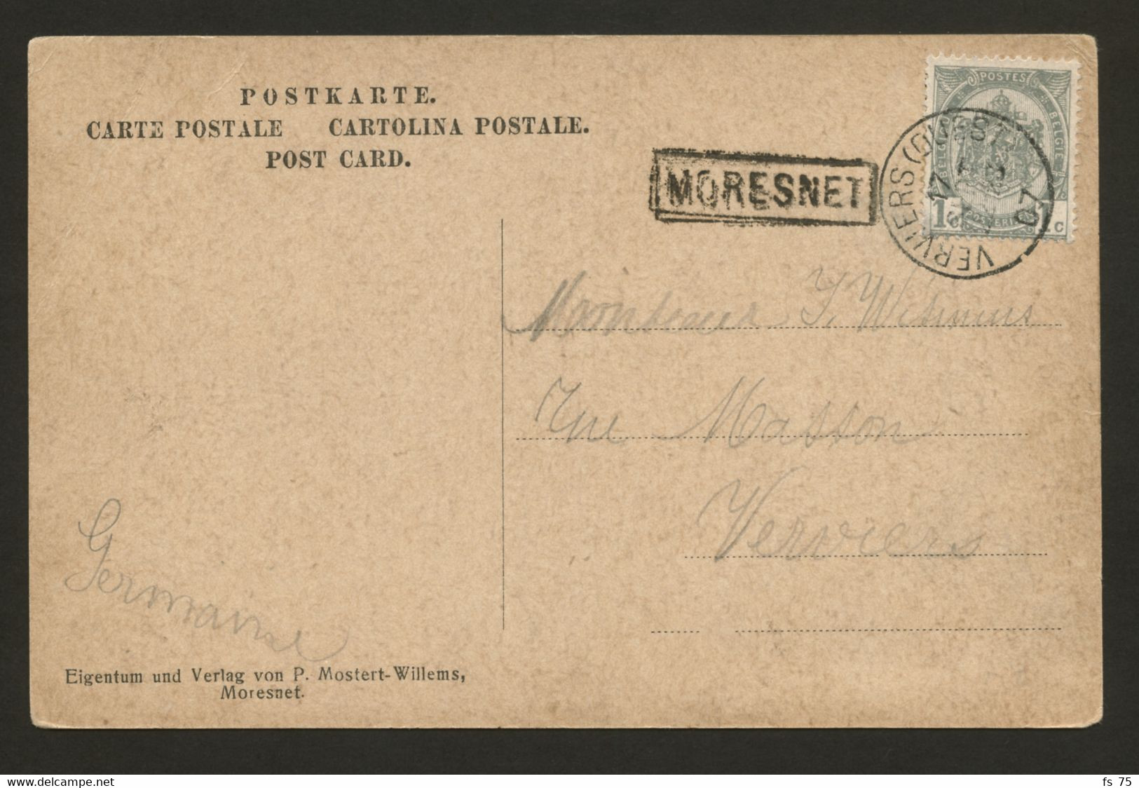 BELGIQUE - COB 53 SIMPLE CERCLE VERVIERS (OUEST) + MORESNET SUR CARTE POSTALE, 1907 - 1893-1907 Stemmi