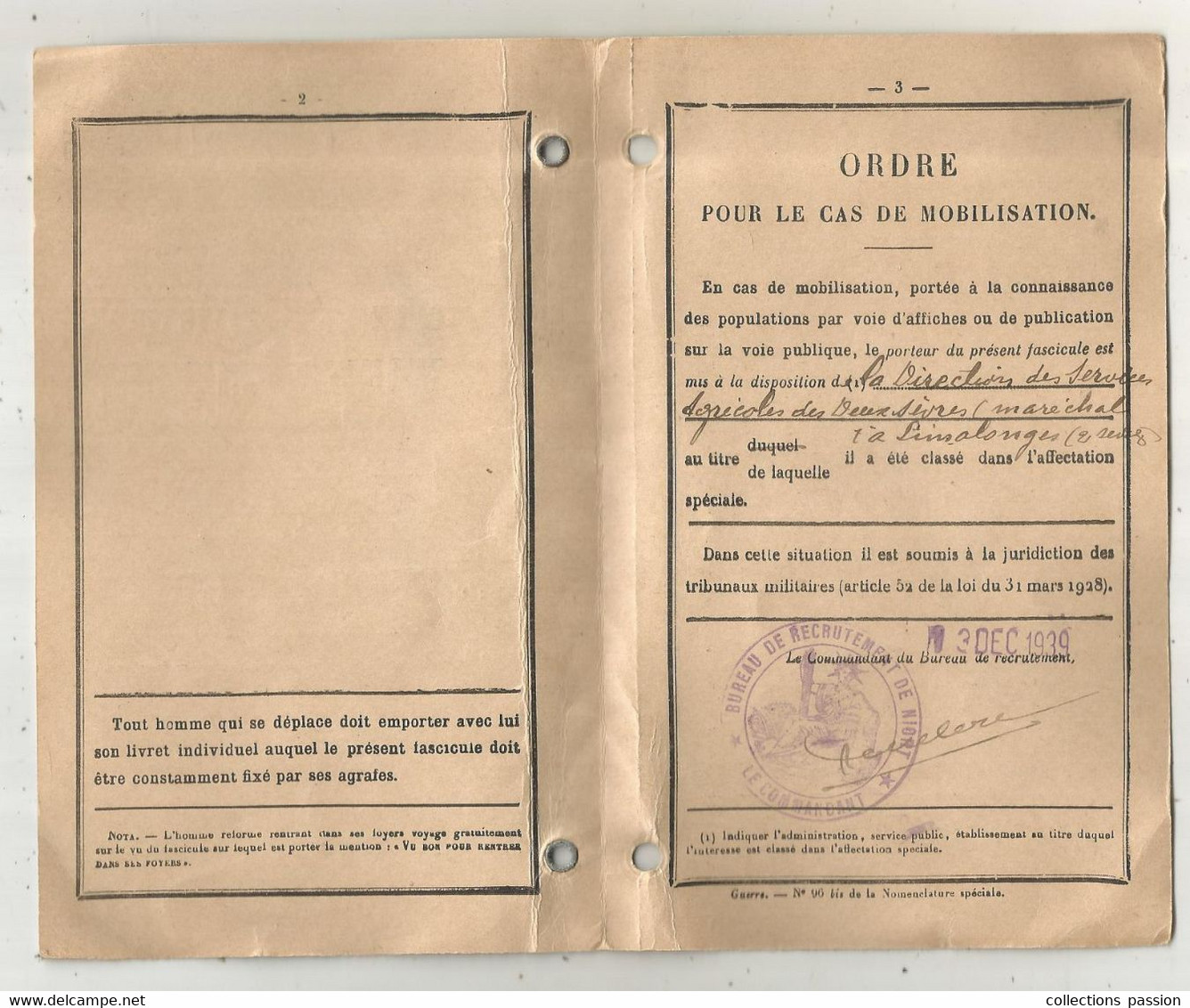 Fascicule De Mobilisation ,9 E Région, Niort , 1939 , Militaria,4 Pages , Maréchal Ferrant , Brigadier, Frais Fr 1.75 E - Ohne Zuordnung