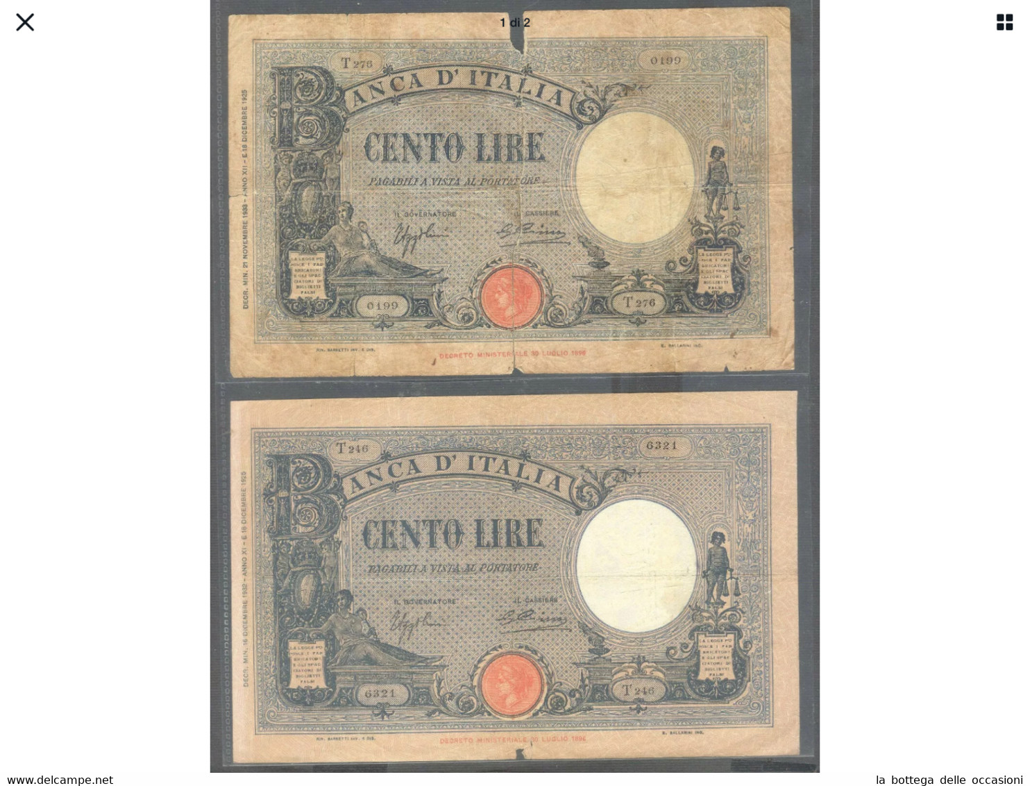 Italia Regno   Due Banconote  Da Lire 100 Tipo Azzurrino Collezionabili Decreto 32 E 33 - 100 Lire