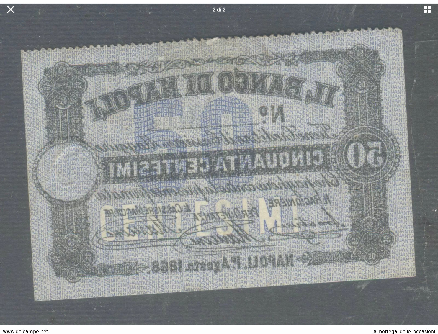 Italia  Il Regno Banconota Banco Di Napoli Da 50 Centesimi 1870 Ottima Conservazione - [ 4] Provisional Issues
