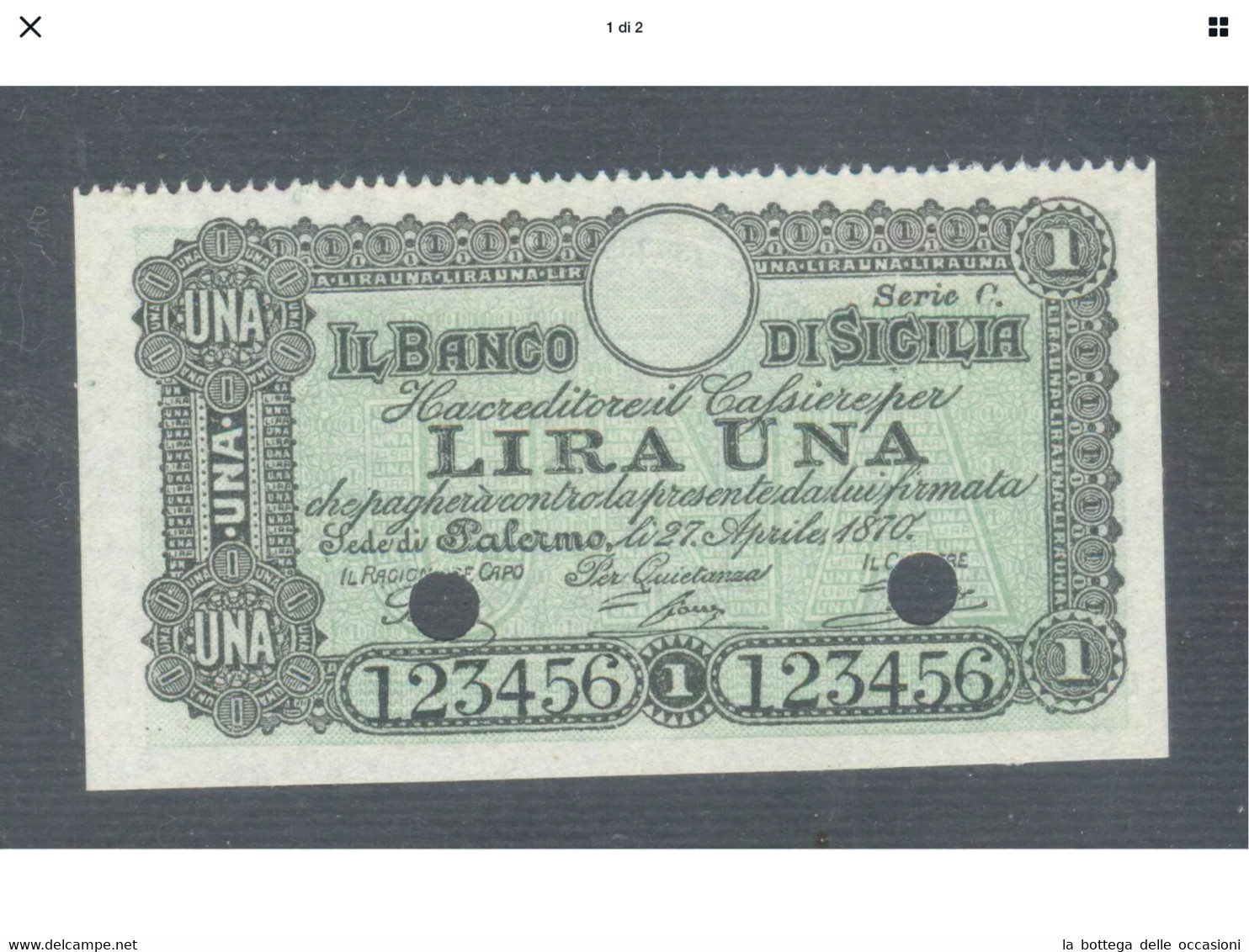 Italia  Il Regno Banconota Banco  Di Sicilia Lire Una Specimen  Rara FDS - [ 4] Vorläufige Ausgaben