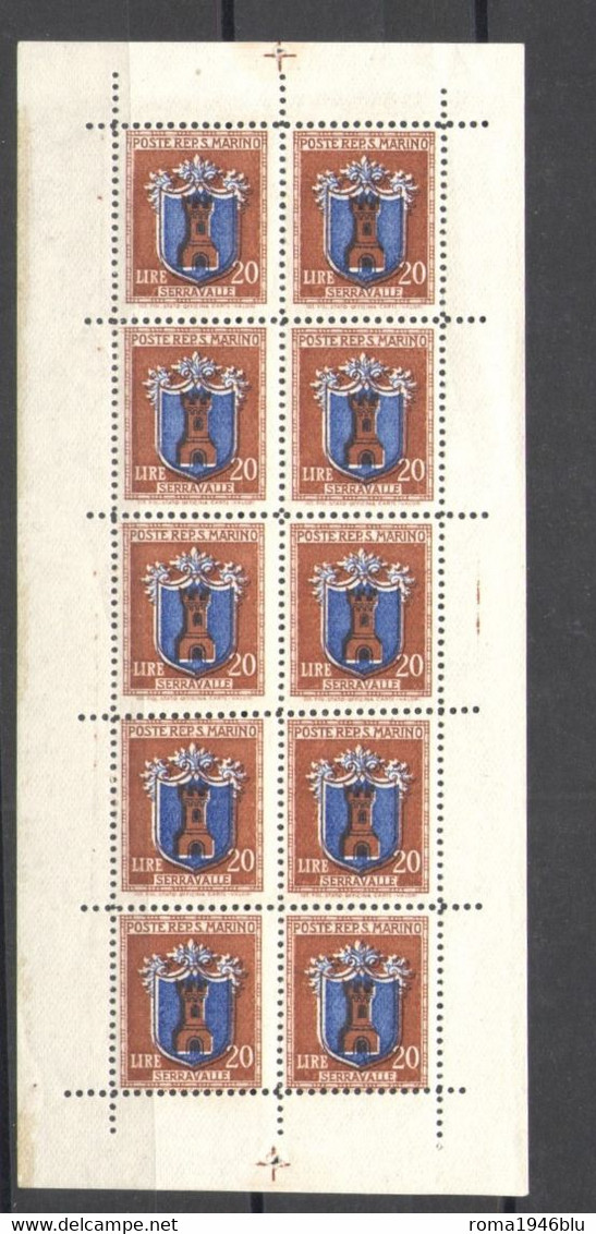 SAN MARINO 1945  STEMMI MINIFOGLIO 20 LIRE BRUNO E OLTREMARE ** MNH - Blocchi & Foglietti