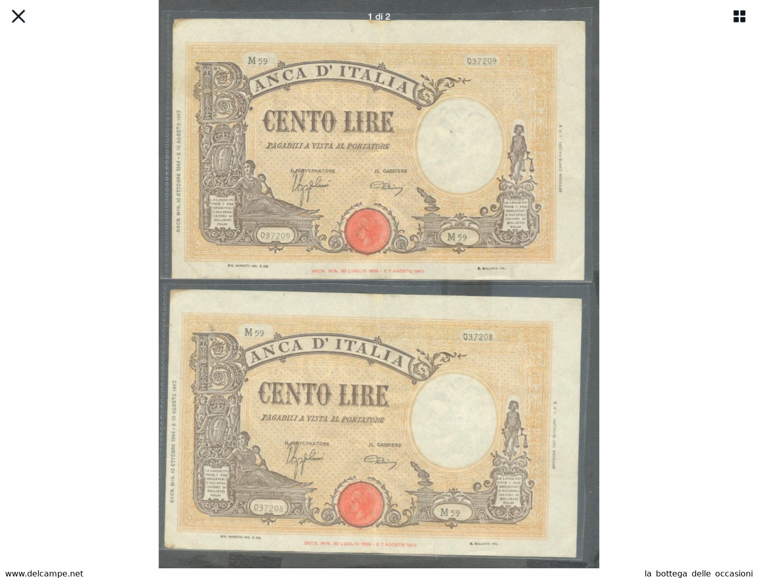 Italia Regno  2  Banconote  Da Lire 100   Barbetti Decreto 1944  Luogotenenza Consecutive Alta Conservazione - 100 Lire