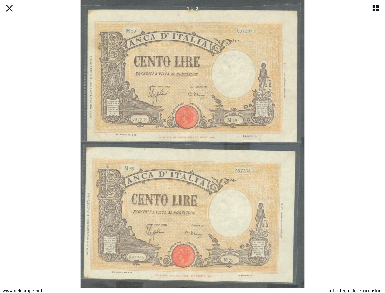 Italia Regno  2  Banconote  Da Lire 100   Barbetti Decreto 1944  Luogotenenza Consecutive Alta Conservazione - 100 Liras