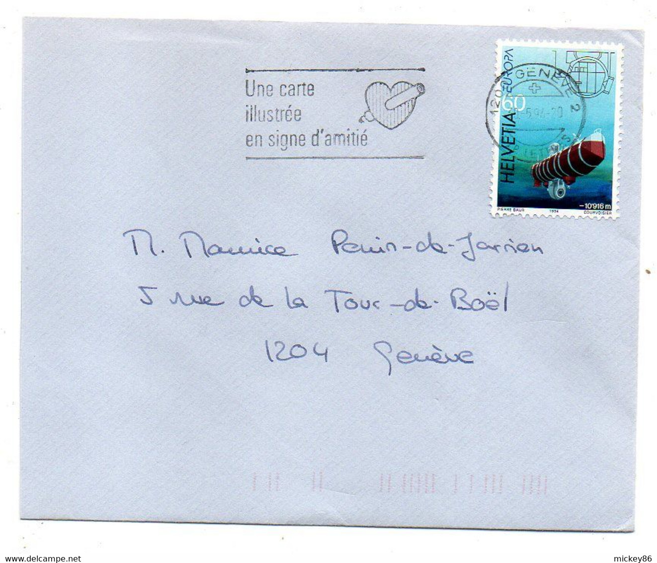 Suisse --1994--Lettre De GENEVE Pour Geneve ..timbre Europa  (sous-marin) Seul Sur Lettre...Coeur..amitié..à Saisir - Cartas & Documentos