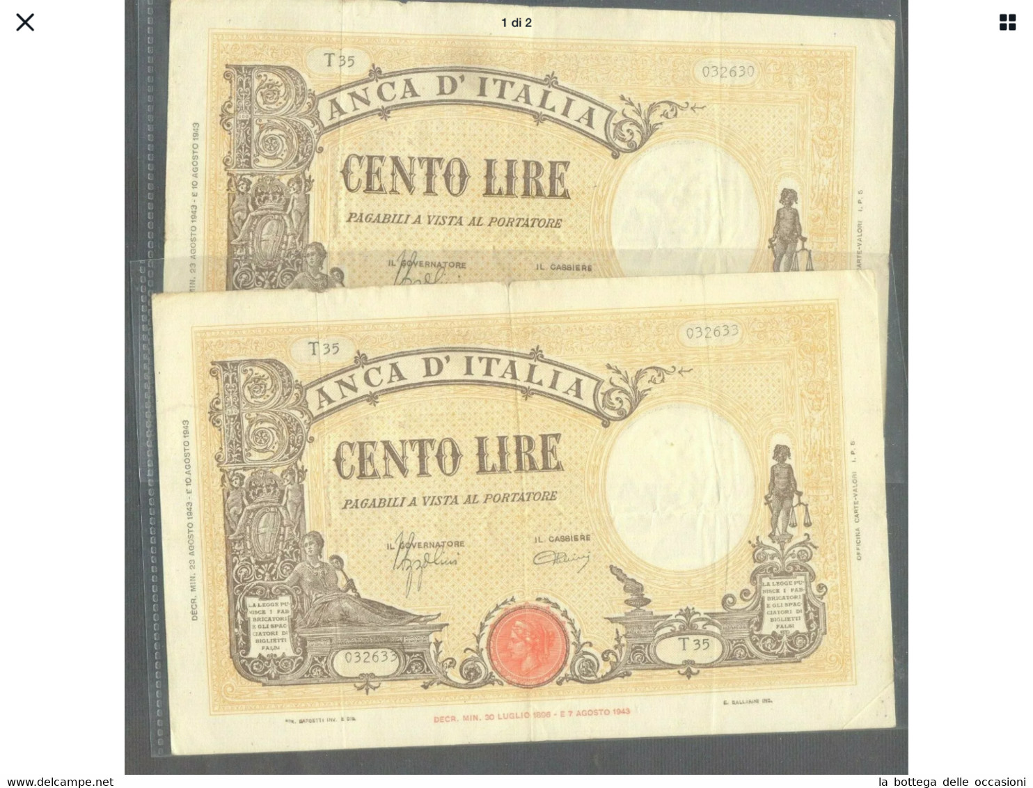 Italia Regno  2 Banconote  Da Lire 100   Barbetti Decreto 1943 Q/ Consecutive Alta Conservazione - 100 Liras